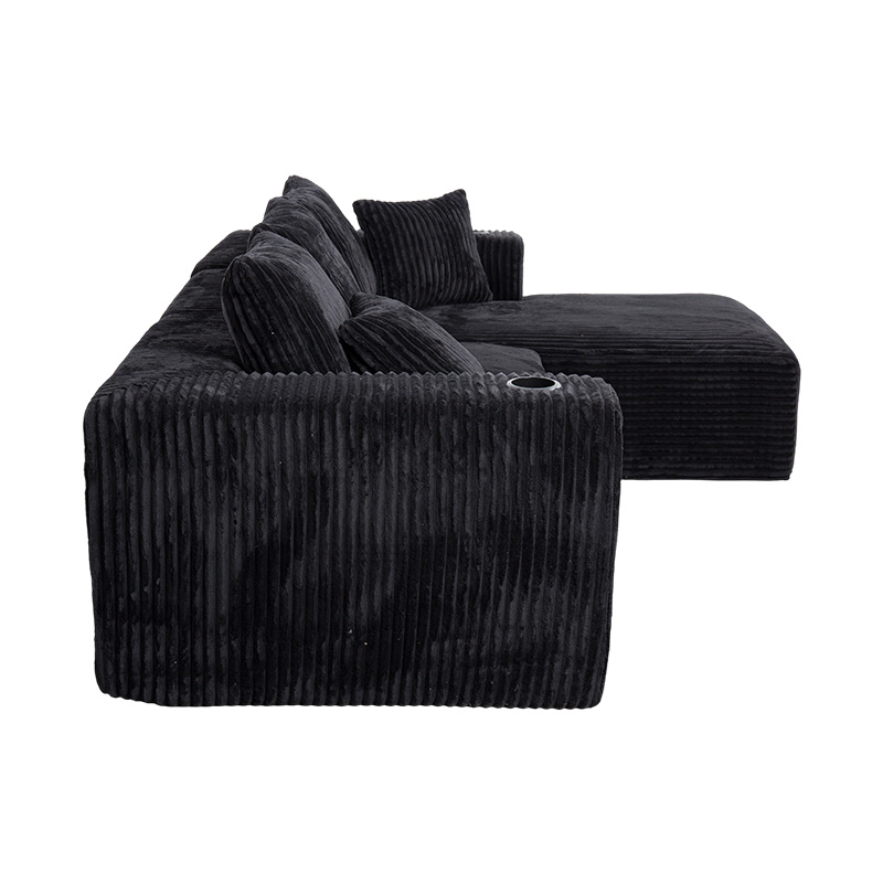 Malaking L-Shaped Corner Sofa sa Black Corduroy na may Full-Foam Module, Maramihang Cushions, at Built-in na Cup Holders Malaking L-Shaped Corner Sofa sa Black Corduroy na may Full-Foam Module, Maramihang Cushions, at Built-in na Cup Holders