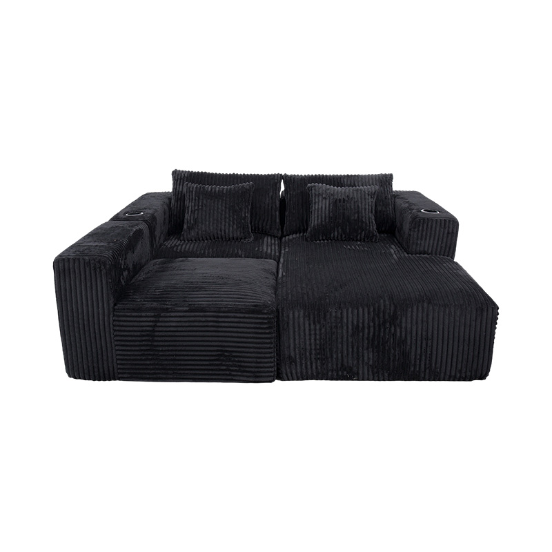 Malaking L-Shaped Corner Sofa sa Black Corduroy na may Full-Foam Module, Maramihang Cushions, at Built-in na Cup Holders Malaking L-Shaped Corner Sofa sa Black Corduroy na may Full-Foam Module, Maramihang Cushions, at Built-in na Cup Holders