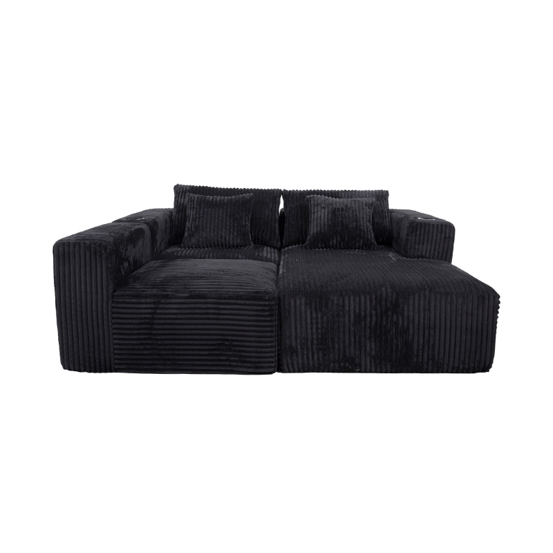 Malaking L-Shaped Corner Sofa sa Black Corduroy na may Full-Foam Module, Maramihang Cushions, at Built-in na Cup Holders Malaking L-Shaped Corner Sofa sa Black Corduroy na may Full-Foam Module, Maramihang Cushions, at Built-in na Cup Holders