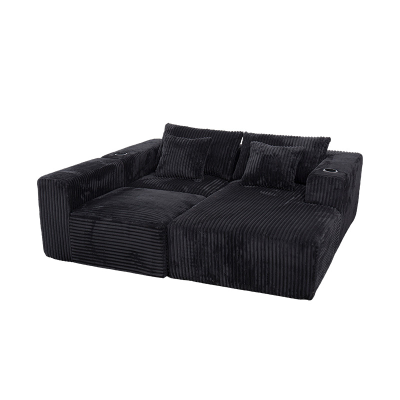 Malaking L-Shaped Corner Sofa sa Black Corduroy na may Full-Foam Module, Maramihang Cushions, at Built-in na Cup Holders Malaking L-Shaped Corner Sofa sa Black Corduroy na may Full-Foam Module, Maramihang Cushions, at Built-in na Cup Holders