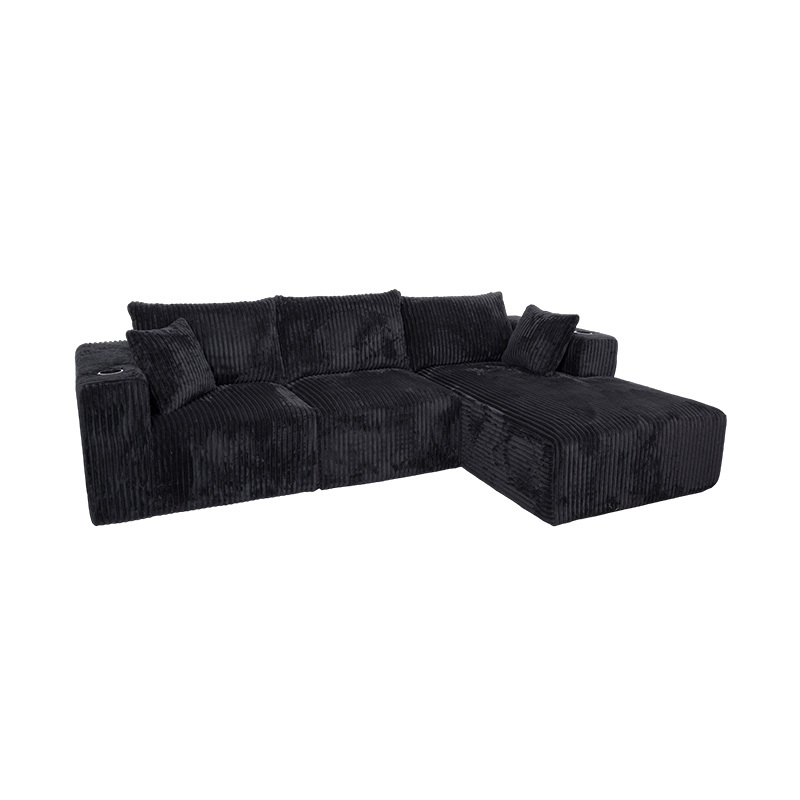Malaking L-Shaped Corner Sofa sa Black Corduroy na may Full-Foam Module, Maramihang Cushions, at Built-in na Cup Holders Malaking L-Shaped Corner Sofa sa Black Corduroy na may Full-Foam Module, Maramihang Cushions, at Built-in na Cup Holders