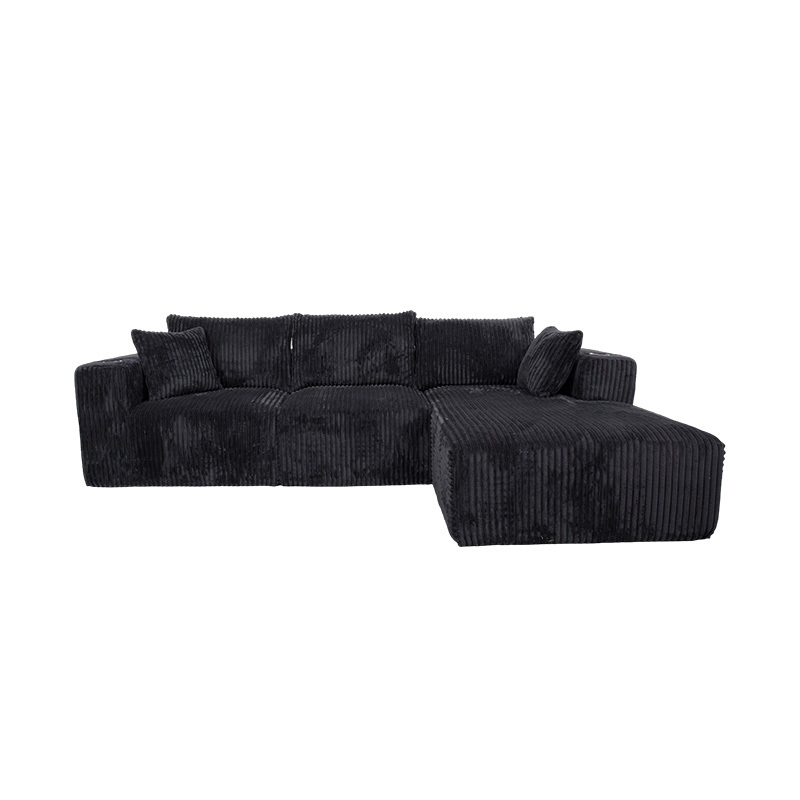 Malaking L-Shaped Corner Sofa sa Black Corduroy na may Full-Foam Module, Maramihang Cushions, at Built-in na Cup Holders Malaking L-Shaped Corner Sofa sa Black Corduroy na may Full-Foam Module, Maramihang Cushions, at Built-in na Cup Holders